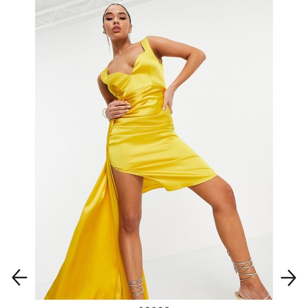 Yaura sweetheart satin ruched mini dress with yellow side drape